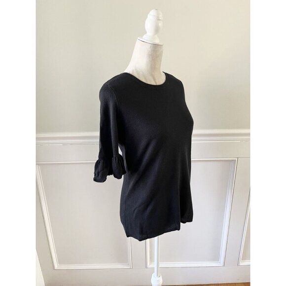 Liz Claiborne Signature Black Textured Short Sleeve Sweater W/ Ruffle Detail M - Picture 2 of 5